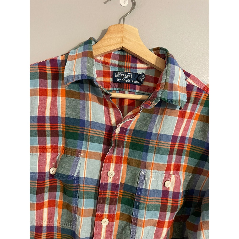 Polo Ralph Lauren Button Down Shirt Mens Large Multicolor Plaid Linen Silk Blend